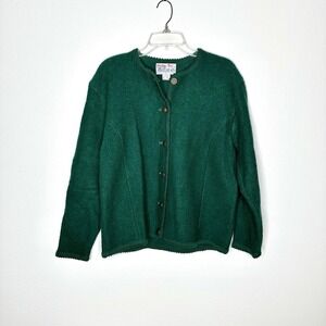 Vintage Tally Ho Petite Small Green Button Front 100% Wool Women's Cardigan L
